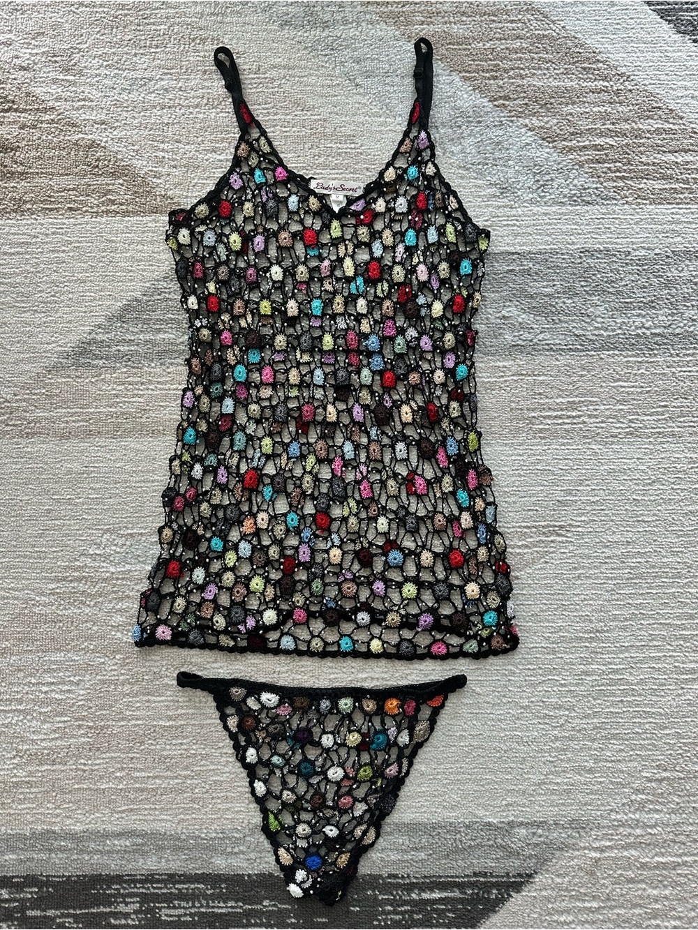 Vintage Lady’s Secret Boho Light Feminine Crochet Beaded Cami and Bottoms Set